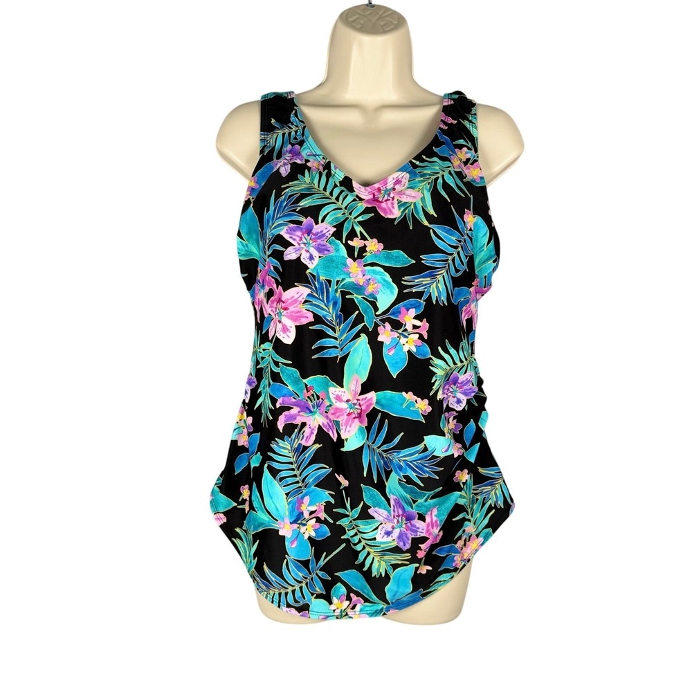 Swimsuits For Allโ One Piece 16 Black Turquoise Tropical Hawaiian Sarong Front